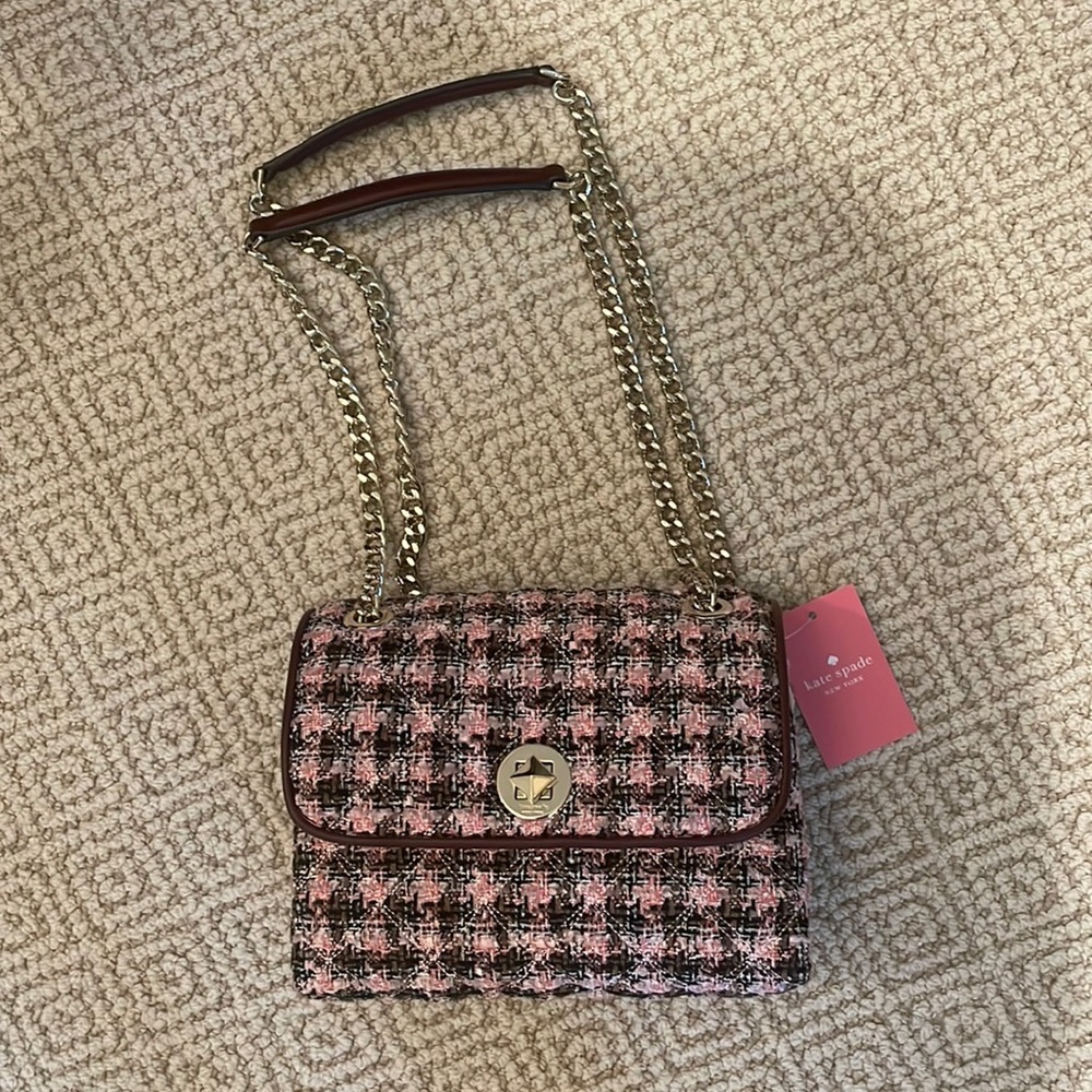 Kate Spade pink and burgundy Natalia tweed small flap crossbody